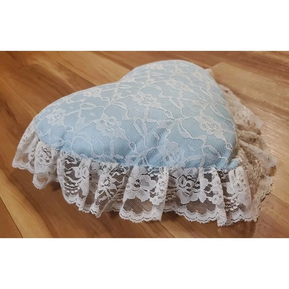 Heart Shaped Floral Lace Throw Pillow Light Blue Cottagecore‎ Victorian Romantic